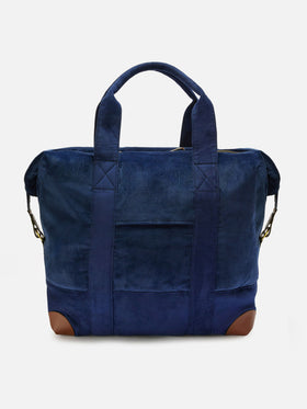 Reisetasche aus Cord, Duffelbag, in blauem Cord-Samt und Wildleder