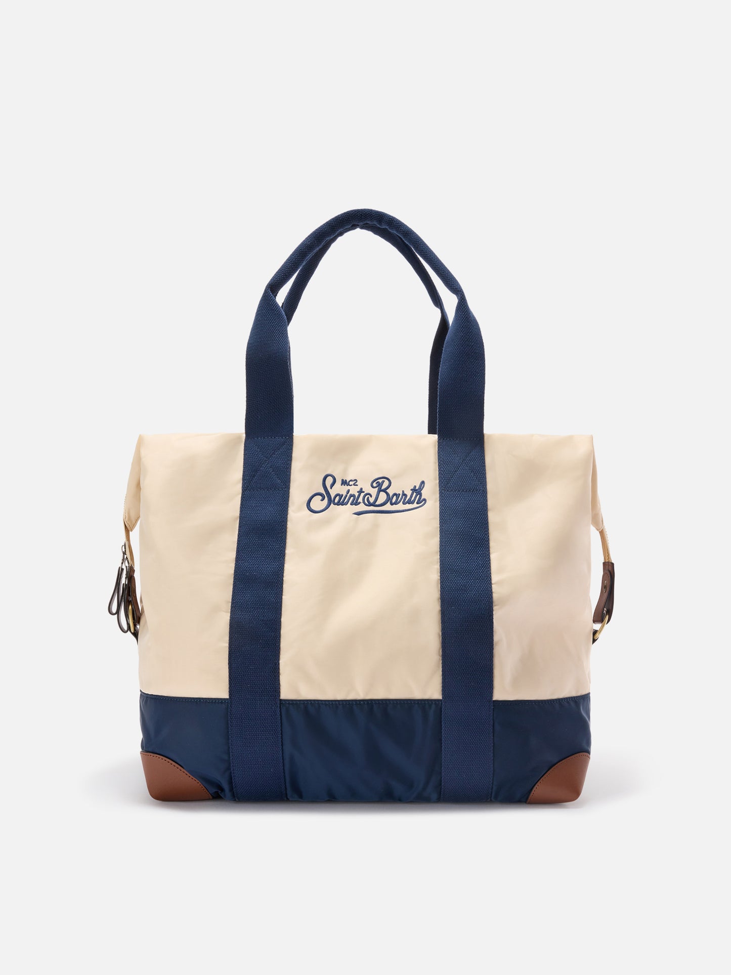 Borsone Travel Bag in nylon panna e blu con logo ricamato