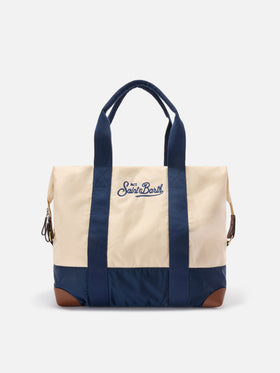 Borsone Travel Bag in nylon panna e blu con logo ricamato