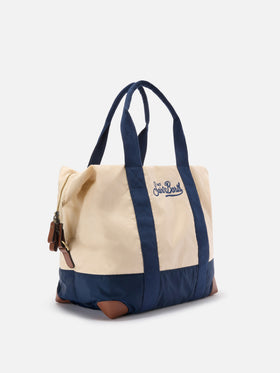 Borsone Travel Bag in nylon panna e blu con logo ricamato