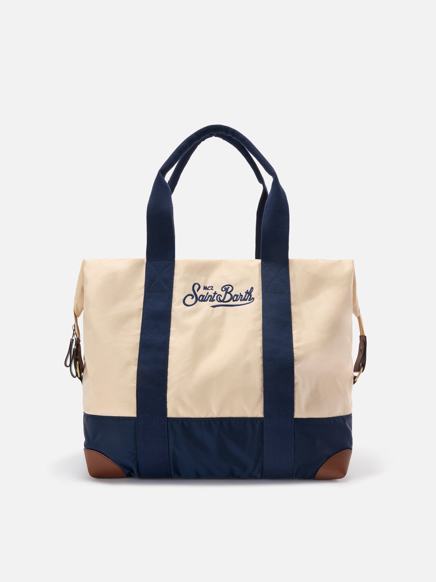 Bolsa de viaje weekender de nylon color crema y azul con logo bordado 