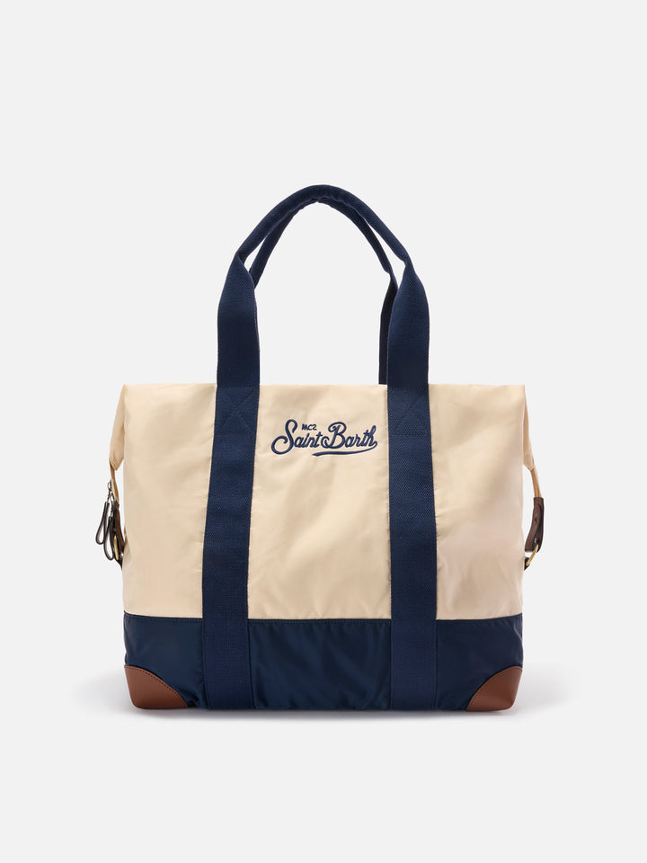 Travel Bag cream and blue nylon weekender with embroidered logo