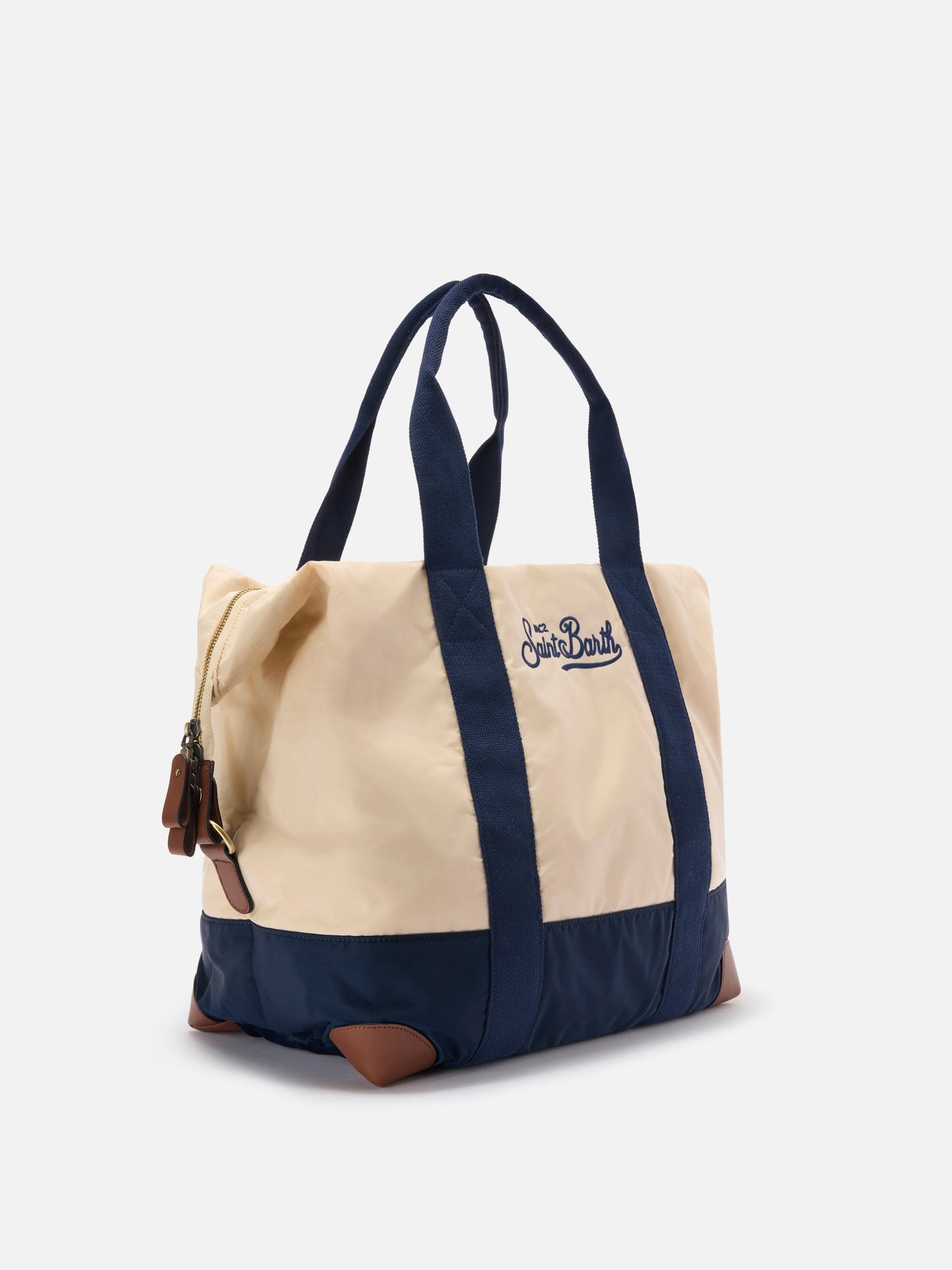 Bolsa de viaje weekender de nylon color crema y azul con logo bordado 