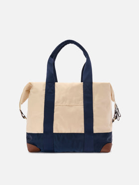 Bolsa de viaje weekender de nylon color crema y azul con logo bordado 