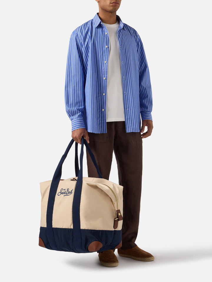 Travel Bag cream and blue nylon weekender with embroidered logo