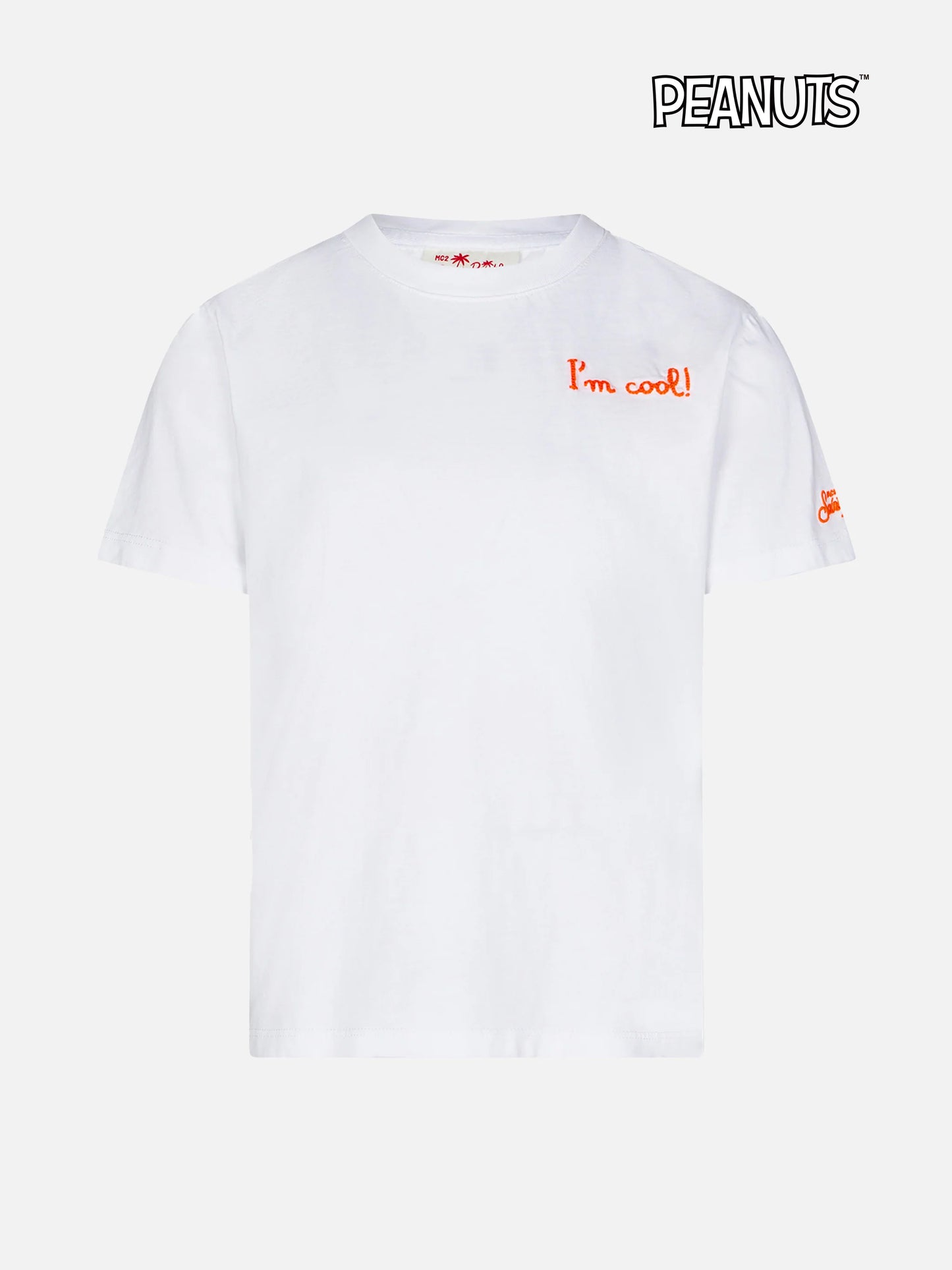 T-shirt da bambino in cotone con ricamo frontale I'm cool e Snoopy sul retro | EDIZIONE SPECIALE PEANUTS™