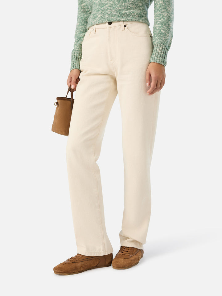 Pantaloni June off white in denim di cotone con ricamo logo