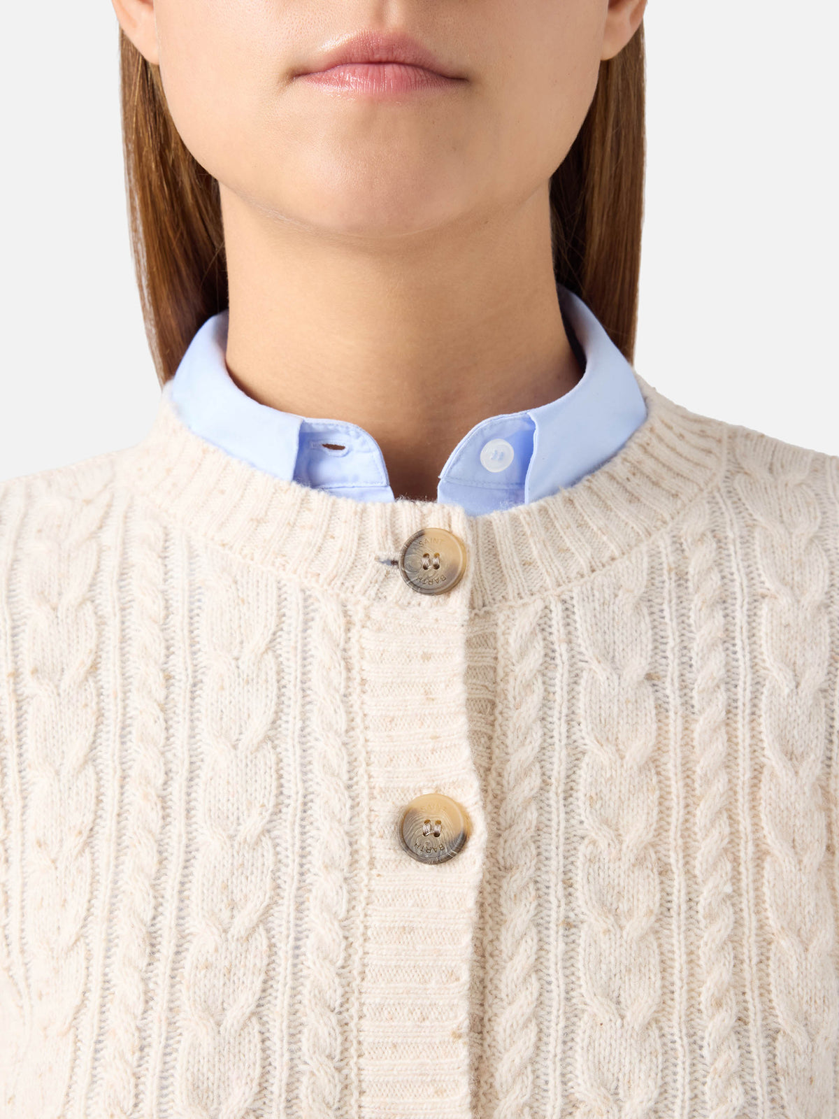 Grain Ursule Donegal wool blend cardigan with cable stitch