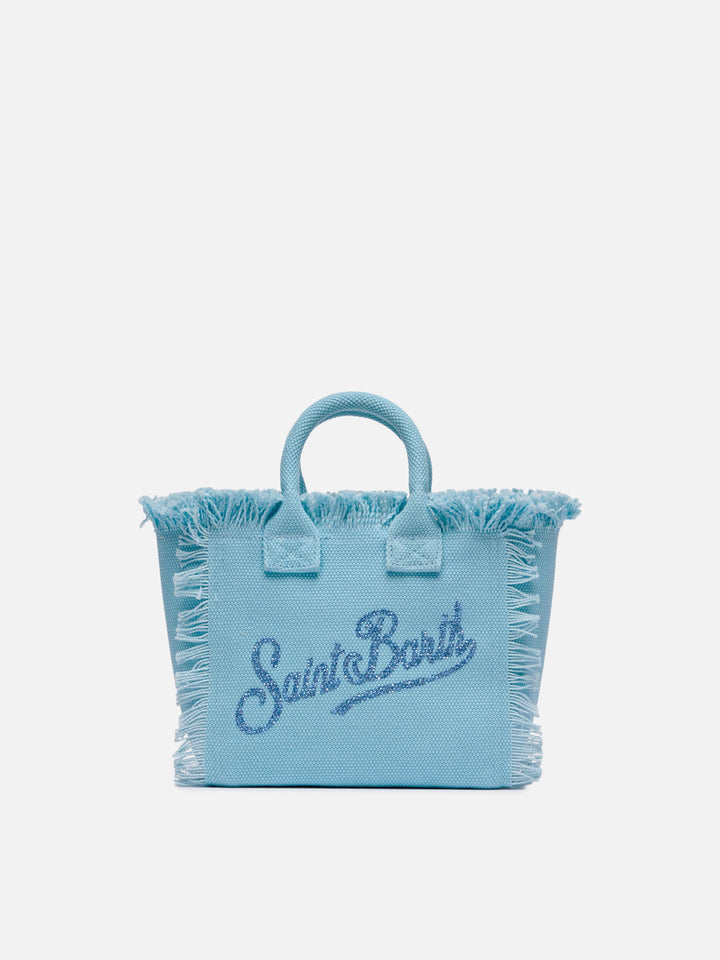 Light blue canvas Vanity mini bag with rhinestone logo
