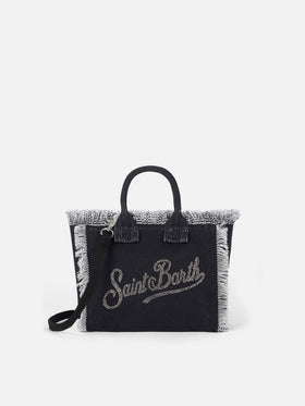 Mini-Kosmetiktasche aus Baumwollcanvas mit Logo aus silbernem Strass