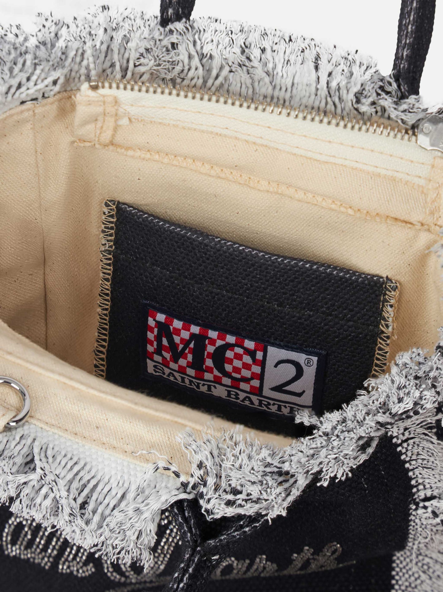 Mini-Kosmetiktasche aus Baumwollcanvas mit Logo aus silbernem Strass