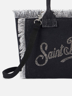 Mini-Kosmetiktasche aus Baumwollcanvas mit Logo aus silbernem Strass