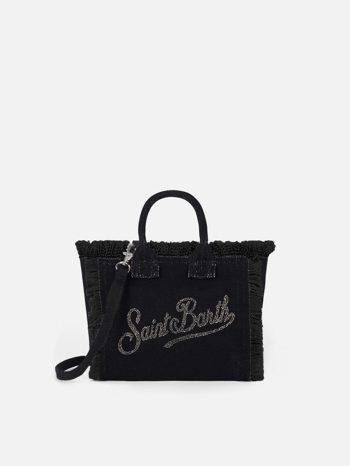 Black  cotton canvas Mini Vanity bag with rhinestone logo