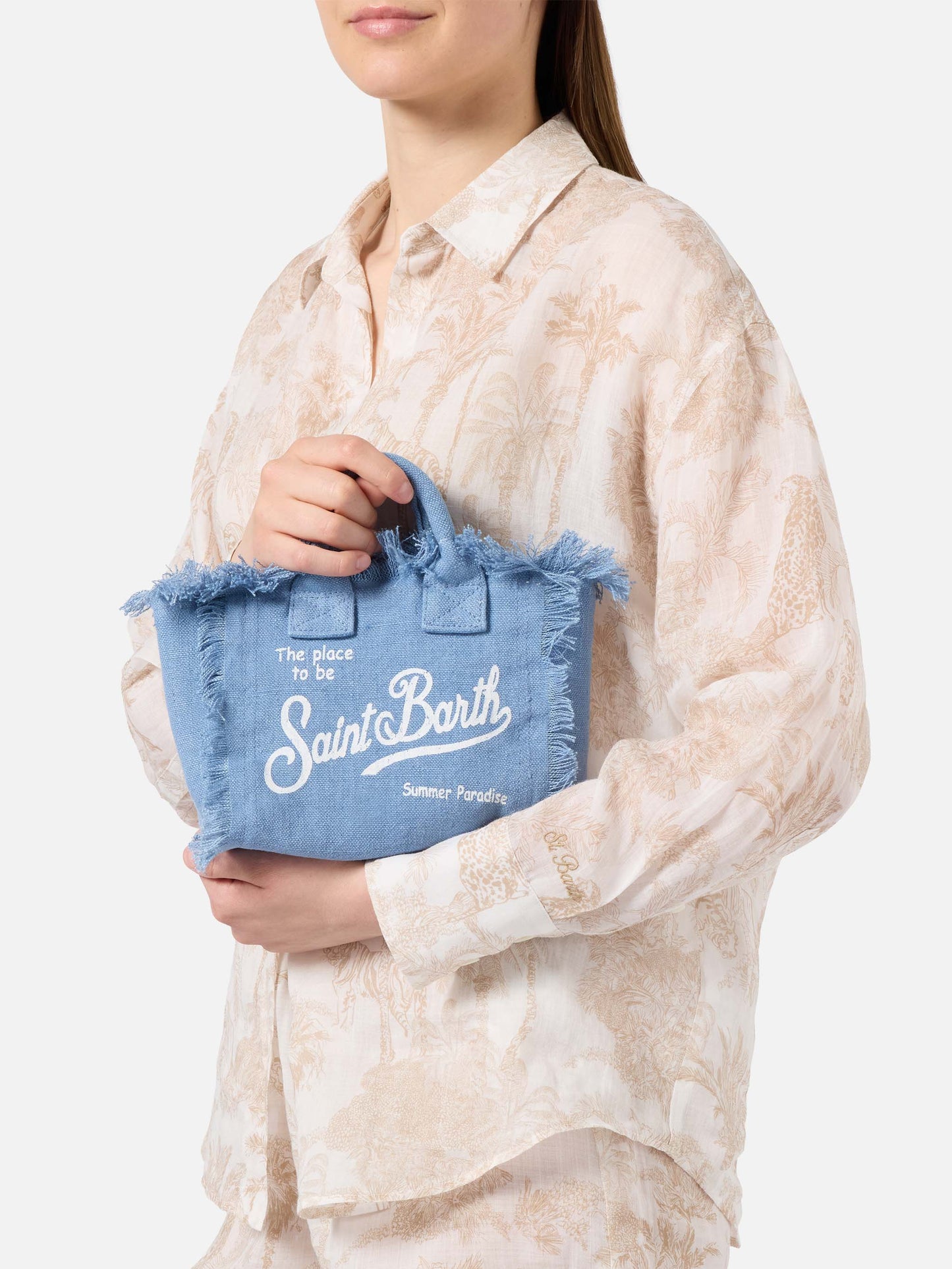 Mini sac Vanity en lin bleu uni avec bandoulière amovible 