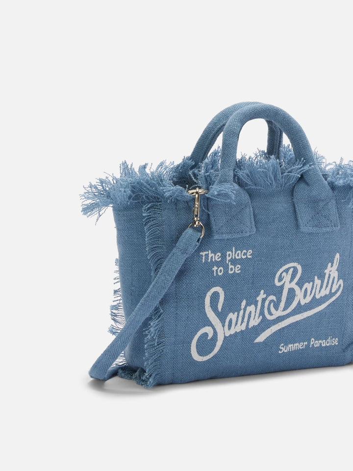 Blue solid color linen Vanity mini bag with removable strap