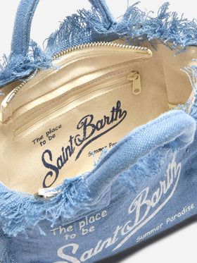 Mini sac Vanity en lin bleu uni avec bandoulière amovible 