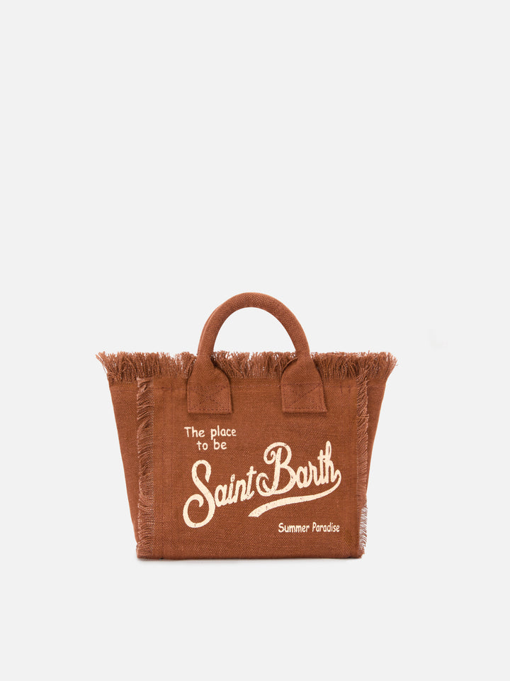 Brown solid color linen Vanity mini bag with removable strap