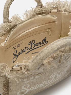 Beige solid color linen Vanity mini bag with removable strap