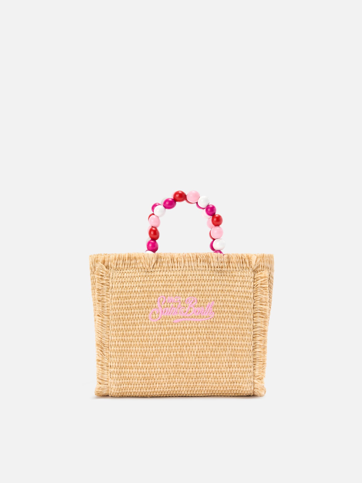 Vanity mini straw effect bag with beaded handle