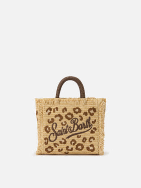 Vanity mini straw effect bag with leopard embroidery