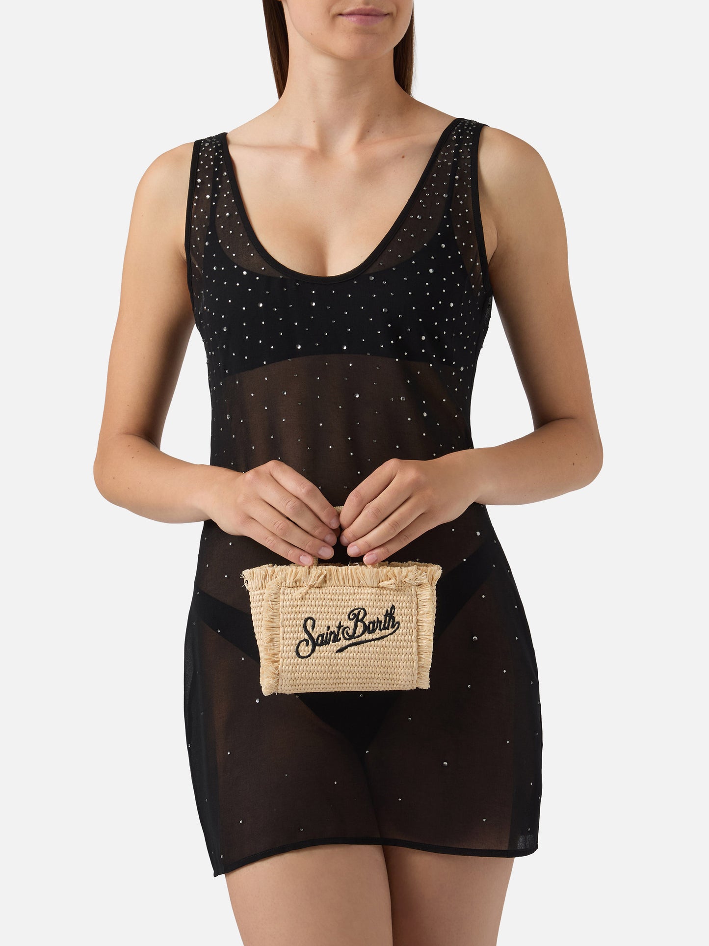Vanity straw effect micro bag with blue details