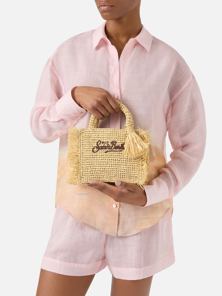 Vanity mini raffia bag with side fringes