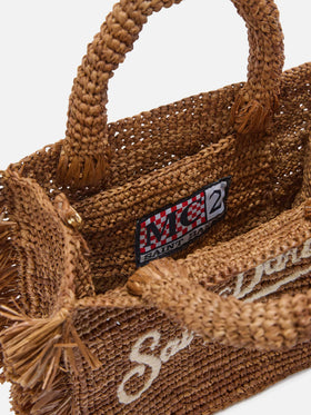 Braune Vanity Mini-Tasche aus Raffia mit seitlichen Fransen 