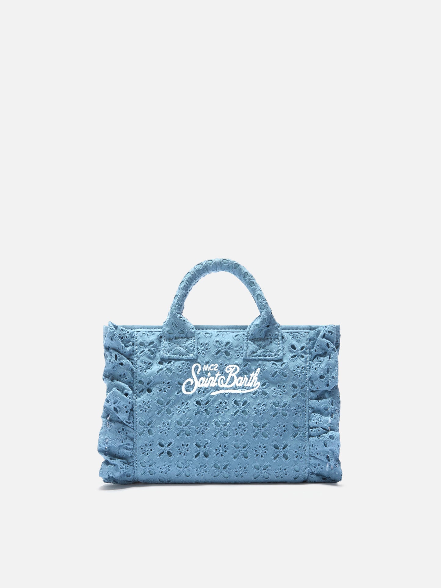 Borsa Vanity mini volant in cotone sangallo azzurra