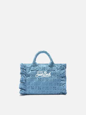 Borsa Vanity mini volant in cotone sangallo azzurra