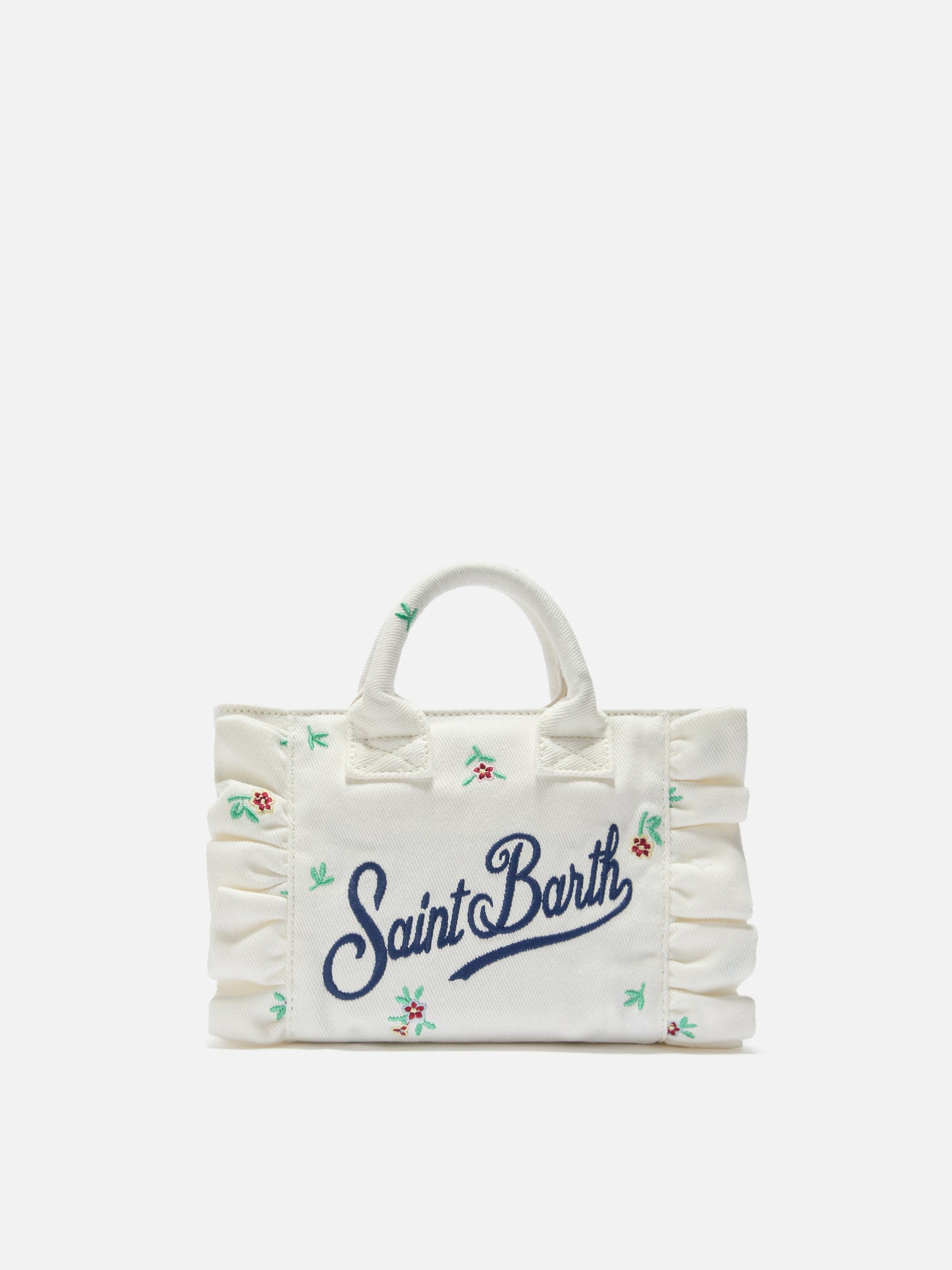 Borsa Vanity mini volant in denim bianca con fiori ricamati