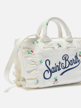 Borsa Vanity mini volant in denim bianca con fiori ricamati