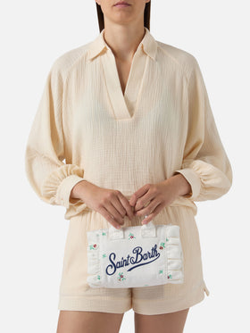 Borsa Vanity mini volant in denim bianca con fiori ricamati