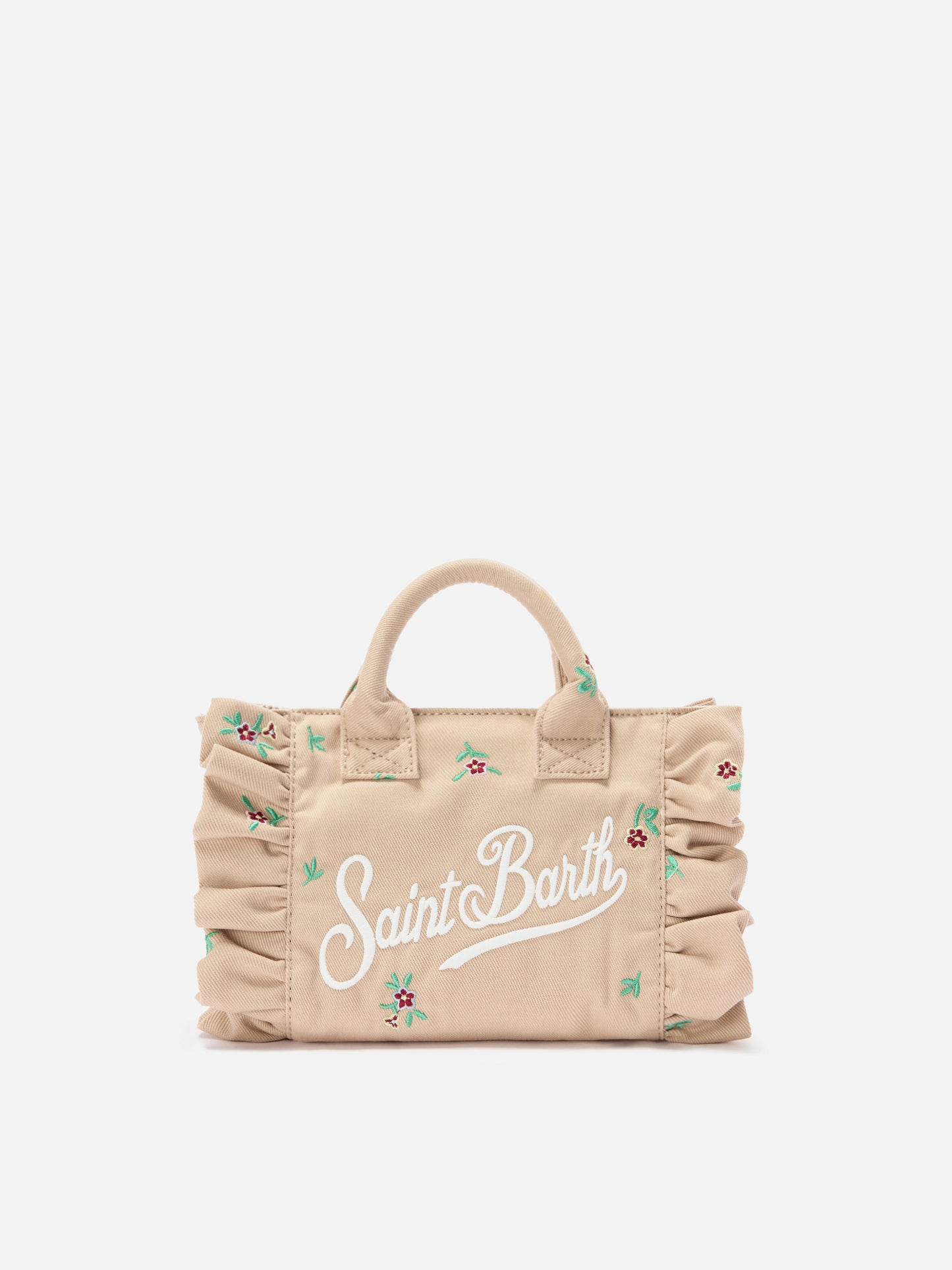 Beige Denim Vanity mini volant bag with embroidered flowers