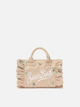 Beige Denim Vanity mini volant bag with embroidered flowers