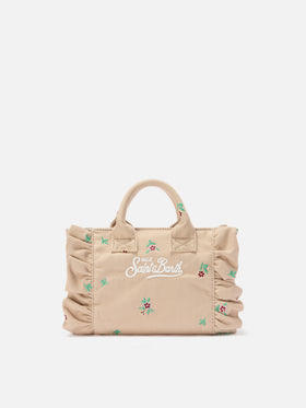 Beige Denim Vanity mini volant bag with embroidered flowers