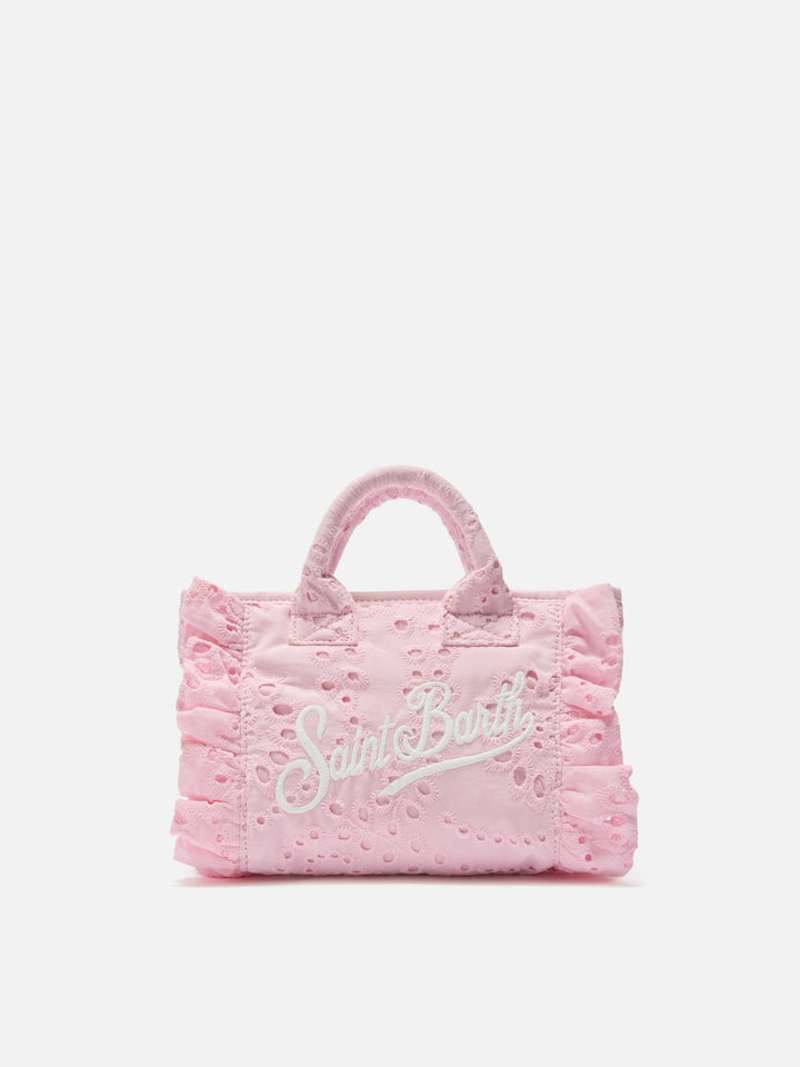 Borsa Vanity mini volant in cotone sangallo rosa