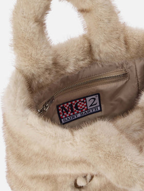Borsa Mini Vanity Soft beige in effetto pelliccia con ricamo logo