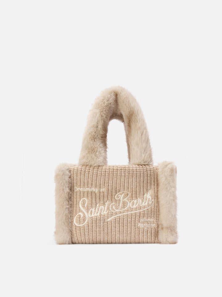 Borsa Mini Vanity beige effetto montone a costine con manici effetto pelliccia