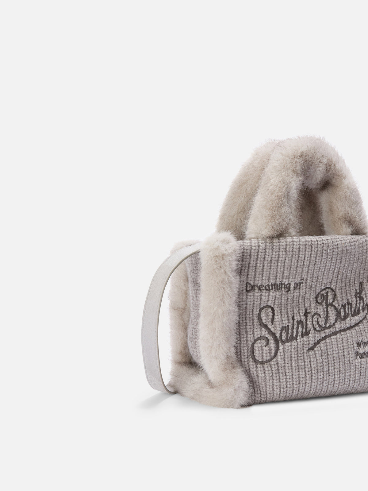 Graue Mini Vanity-Tasche aus geripptem Faux Shearling mit Griffen aus Faux Fur 