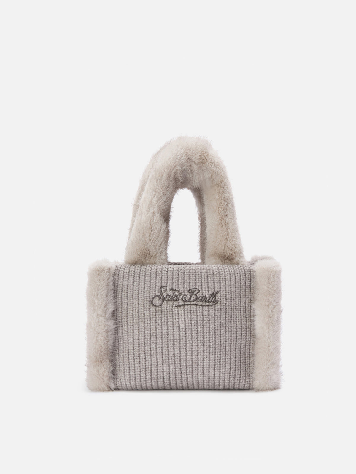 Graue Mini Vanity-Tasche aus geripptem Faux Shearling mit Griffen aus Faux Fur 