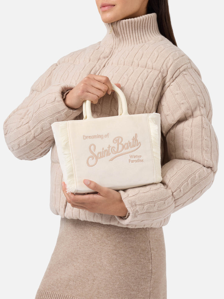 Borsa a mano Vanity Mini Velvet in velluto e faux suede bianco