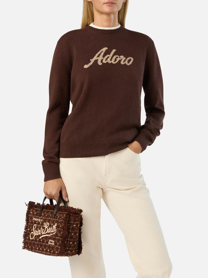 Mini bolso Vanity marrón en tweed con bordado del logo 
