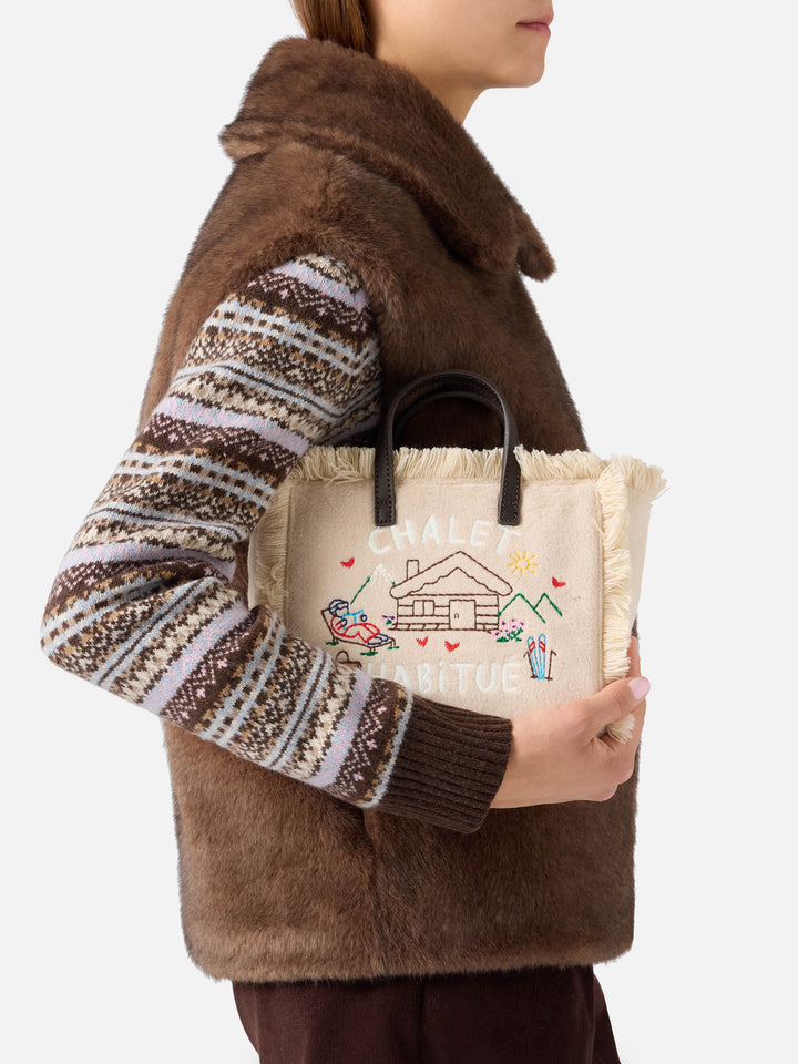 Bolso de fieltro Beige Mini Vanity con chalet bordado 