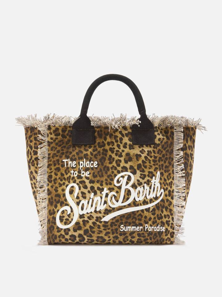 Borsa Vanity regular leopardata in canvas con frange