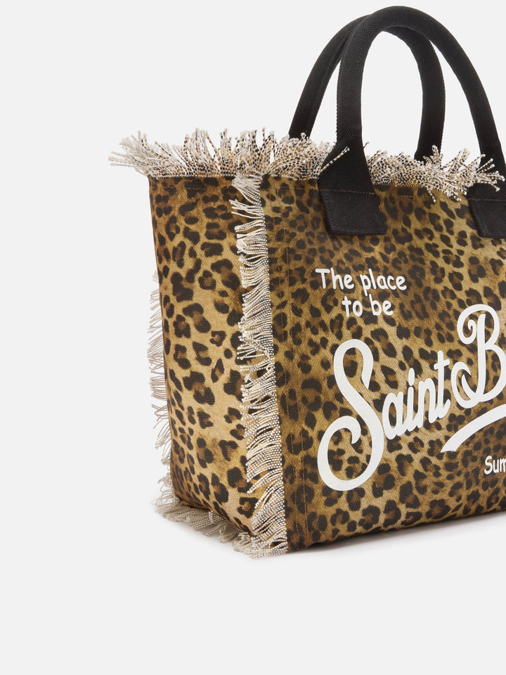 Borsa Vanity regular leopardata in canvas con frange