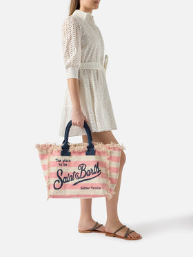 Sac Vanity classique en toile avec rayures horizontales roses 