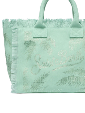 Sage green cotton canvas Vanity tote bag with palm rhinestone embellishment - MC2 Saint Barth