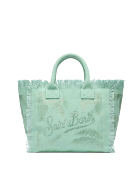 Sage green cotton canvas Vanity tote bag with palm rhinestone embellishment - MC2 Saint Barth
