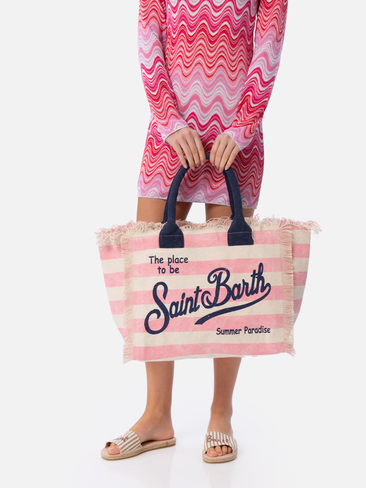 Cotton canvas Vanity tote bag with pink striped print - MC2 Saint Barth