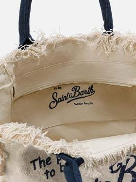 White canvas Vanity regular bag with fringes